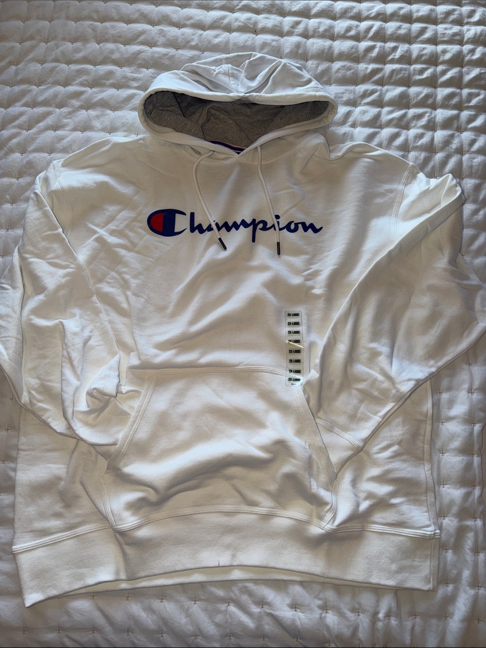 Champion White Crewneck Hoodie with Blue & Red Logo
